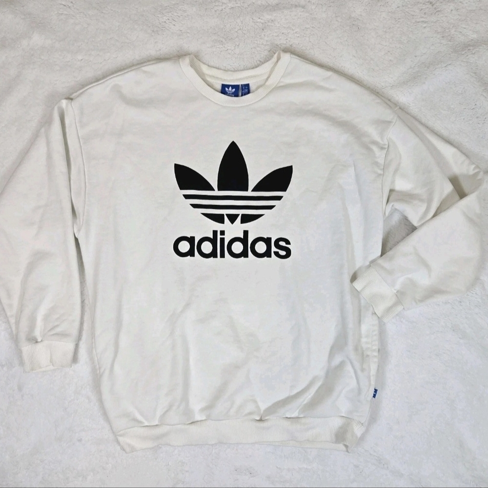 Adidas Originals White and Black Crewneck Sweater Mens Big Logo Trefoil